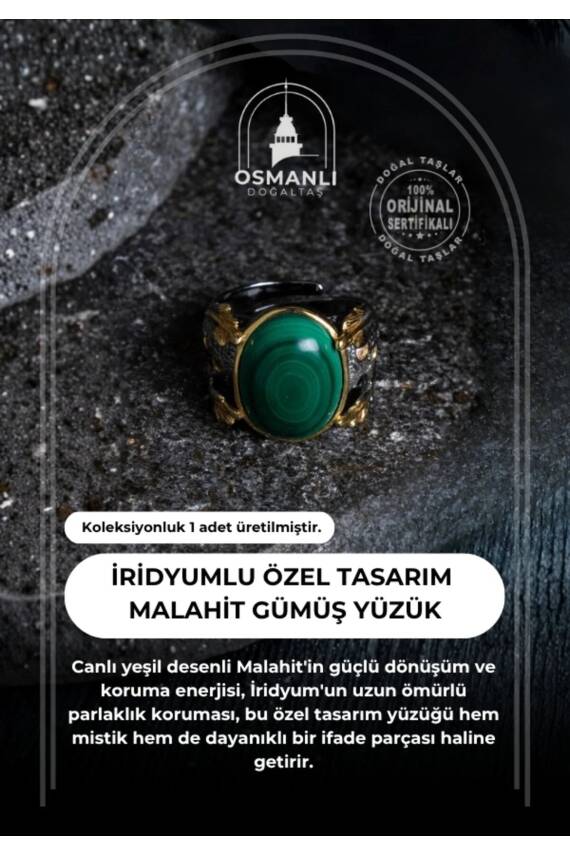 Sertifikalı Özel Tasarım İridyumlu Gümüş Malahit Yüzük (Kadın) - 2