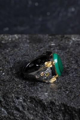 Sertifikalı Özel Tasarım İridyumlu Gümüş Malahit Yüzük (Kadın) - 3