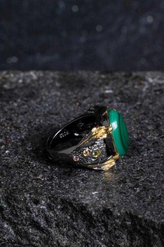 Sertifikalı Özel Tasarım İridyumlu Gümüş Malahit Yüzük (Kadın) - 3