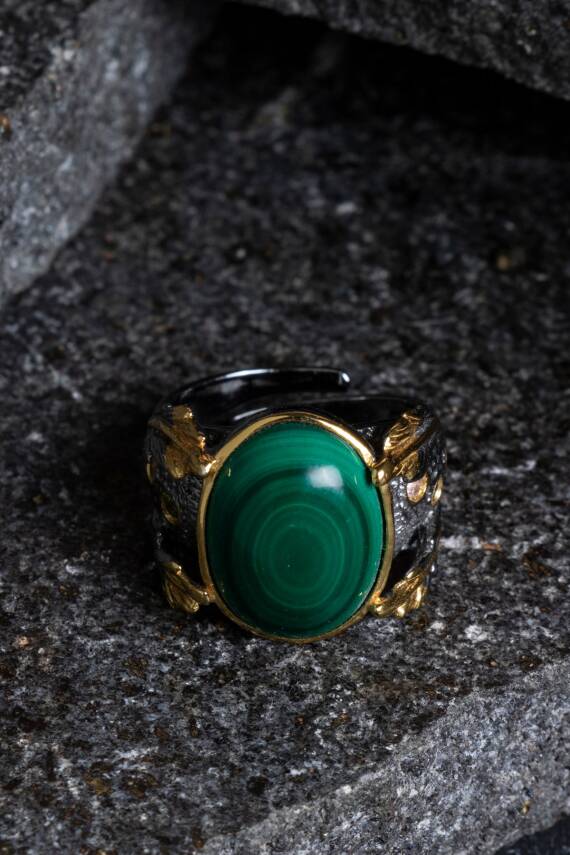 Sertifikalı Özel Tasarım İridyumlu Gümüş Malahit Yüzük - 1