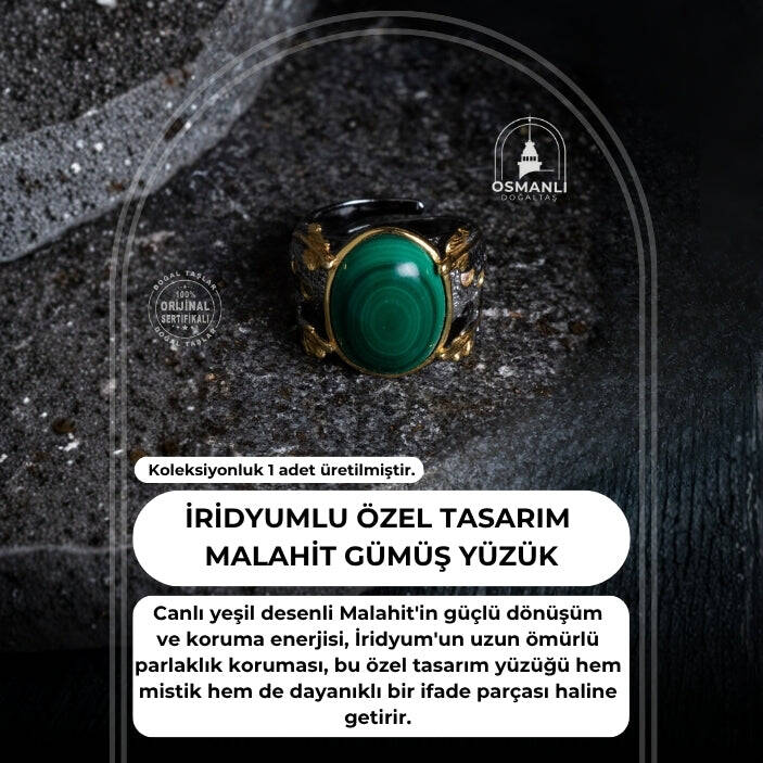 Sertifikalı Özel Tasarım İridyumlu Gümüş Malahit Yüzük - 2
