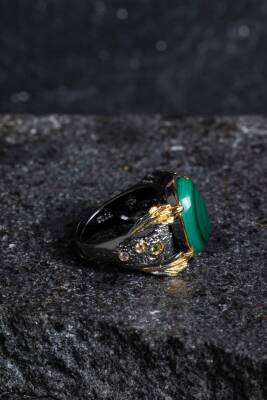 Sertifikalı Özel Tasarım İridyumlu Gümüş Malahit Yüzük - 5