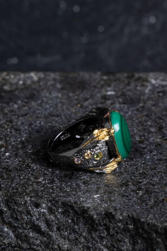 Sertifikalı Özel Tasarım İridyumlu Gümüş Malahit Yüzük - 5