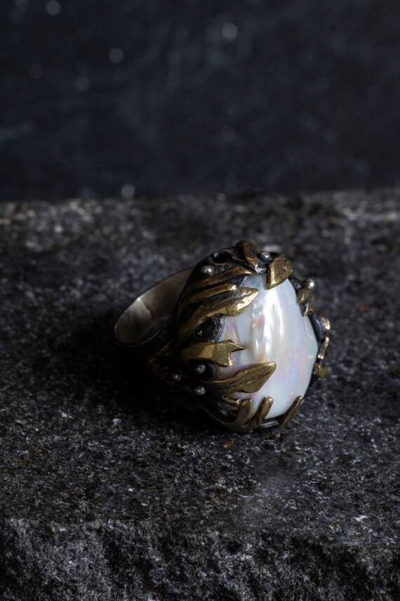 Sertifikalı Özel Tasarım İridyumlu İnci Gümüş Yüzük (Kadın) - 3