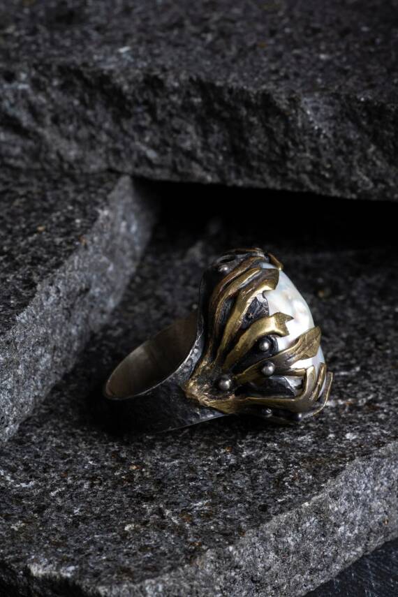 Sertifikalı Özel Tasarım İridyumlu İnci Gümüş Yüzük (Kadın) - 4