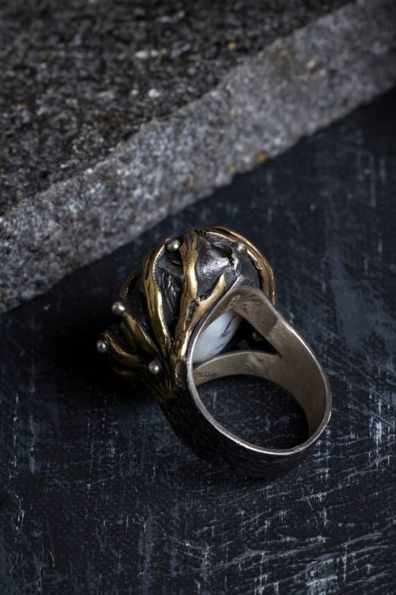 Sertifikalı Özel Tasarım İridyumlu İnci Gümüş Yüzük - 4