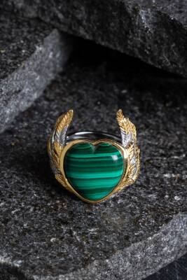 Sertifikalı Özel Tasarım İridyumlu Malahit Gümüş Yüzük (Kadın) - Osmanlı Doğal Taş