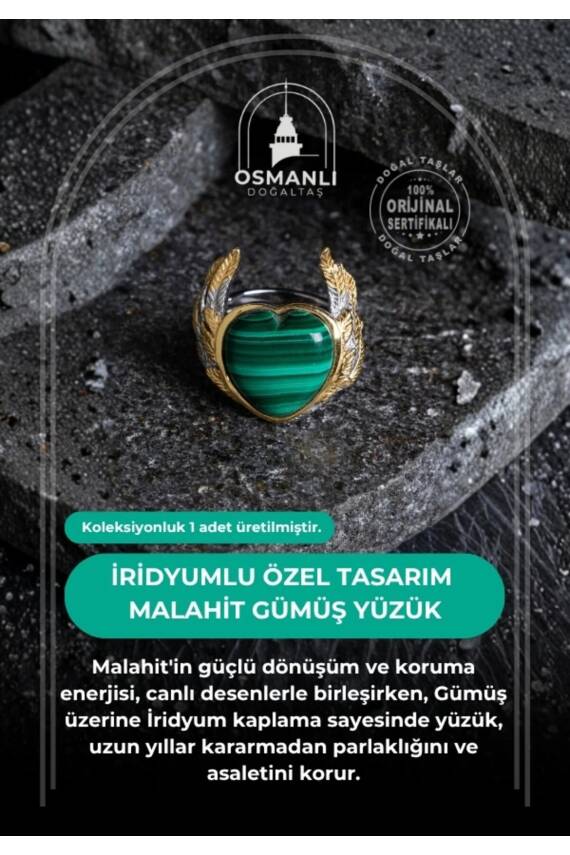 Sertifikalı Özel Tasarım İridyumlu Malahit Gümüş Yüzük (Kadın) - 2