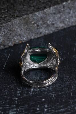 Sertifikalı Özel Tasarım İridyumlu Malahit Gümüş Yüzük (Kadın) - 5