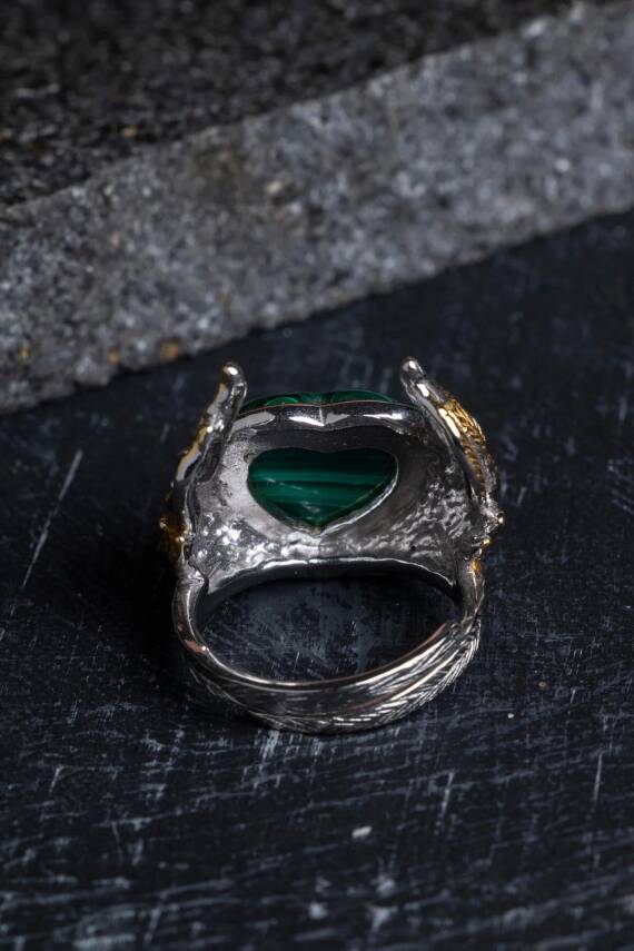 Sertifikalı Özel Tasarım İridyumlu Malahit Gümüş Yüzük (Kadın) - 5