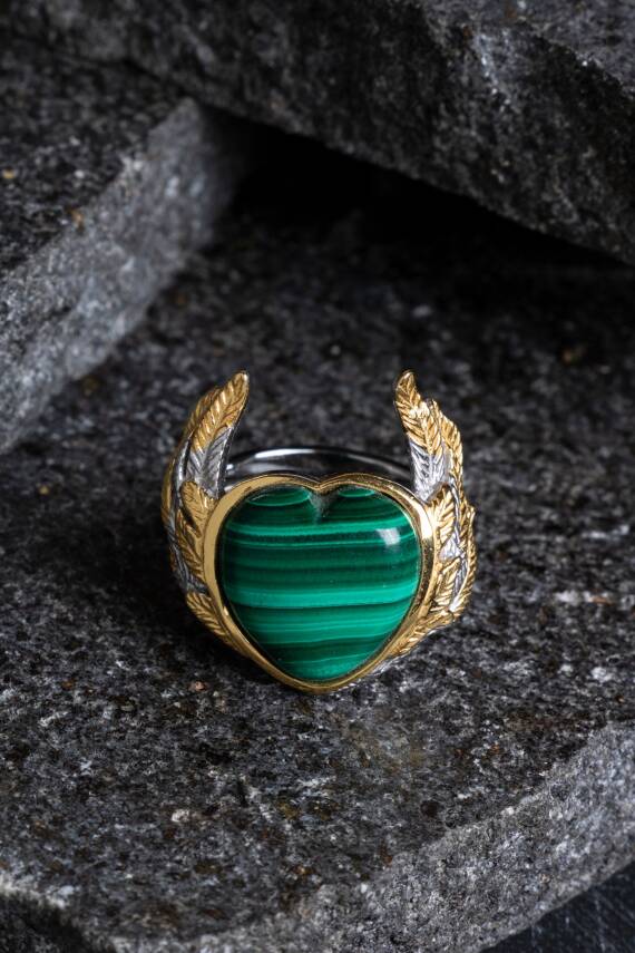 Sertifikalı Özel Tasarım İridyumlu Malahit Gümüş Yüzük - 1