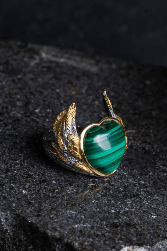 Sertifikalı Özel Tasarım İridyumlu Malahit Gümüş Yüzük - 3