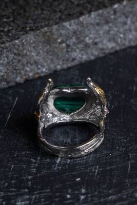 Sertifikalı Özel Tasarım İridyumlu Malahit Gümüş Yüzük - 4