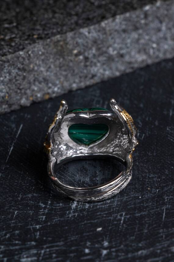 Sertifikalı Özel Tasarım İridyumlu Malahit Gümüş Yüzük - 4