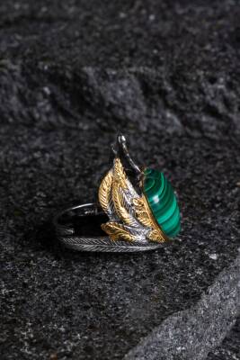 Sertifikalı Özel Tasarım İridyumlu Malahit Gümüş Yüzük - 5