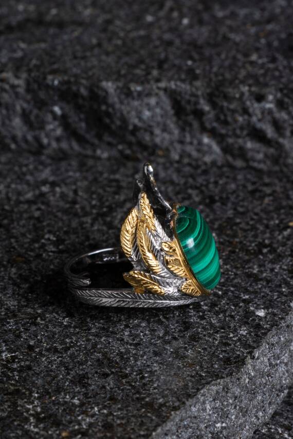 Sertifikalı Özel Tasarım İridyumlu Malahit Gümüş Yüzük - 5