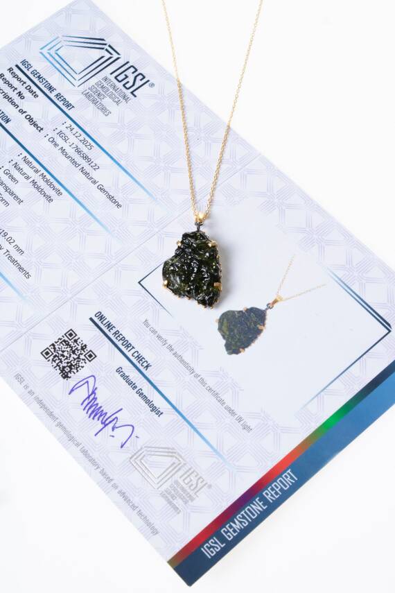 Sertifikalı Özel Tasarım Moldavit Taşı Gümüş Kolye 2 (S.K. 293) - 1