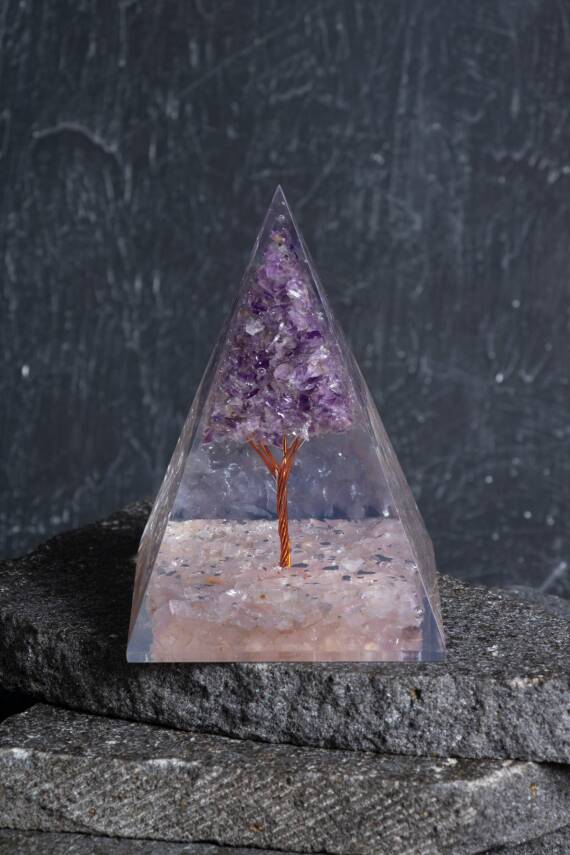 Sertifikalı Pembe Kuvars & Ametist Ağaçlı Piramit - 1