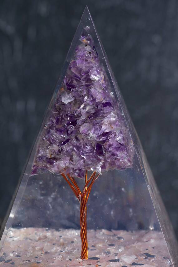 Sertifikalı Pembe Kuvars & Ametist Ağaçlı Piramit - 4