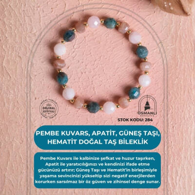 Sertifikalı Pembe Kuvars, Apatit, Güneş Taşı, Hematit Doğal Taş Bileklik (SK:284) - 2