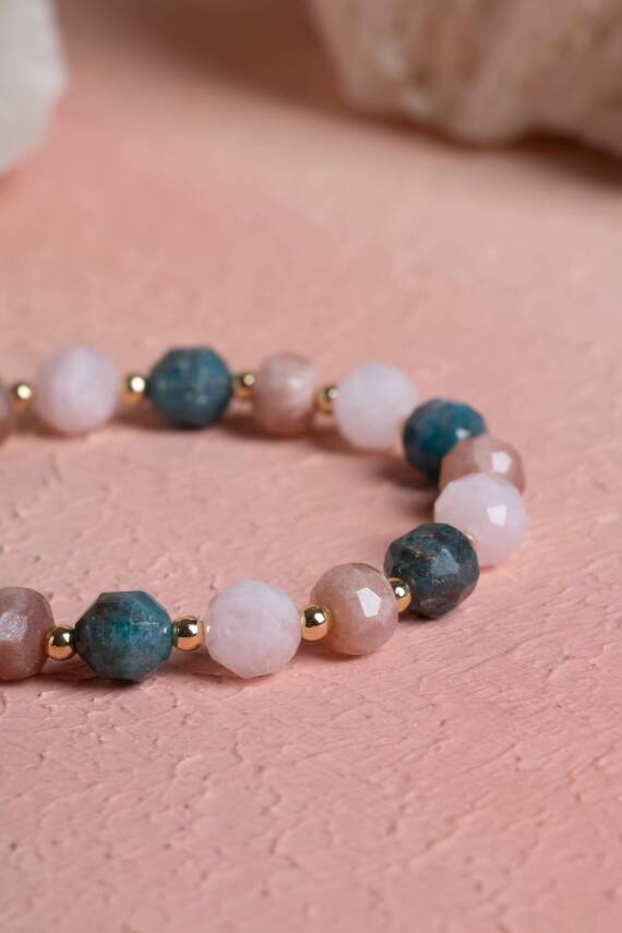 Sertifikalı Pembe Kuvars, Apatit, Güneş Taşı, Hematit Doğal Taş Bileklik (SK:284) - 4