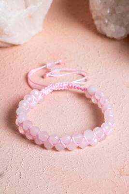 Sertifikalı Pembe Kuvars Çift Sıra Doğal Taş Makrome Bileklik (SK:077) - Osmanlı Doğal Taş