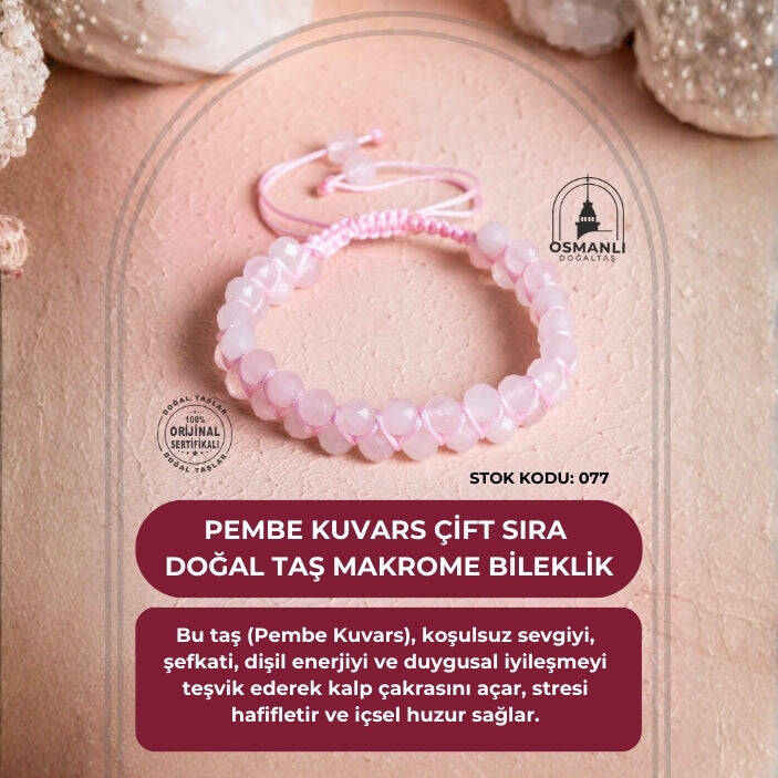 Sertifikalı Pembe Kuvars Çift Sıra Doğal Taş Makrome Bileklik (SK:077) - 2