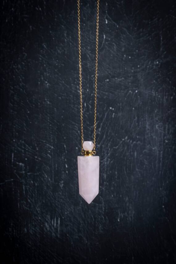 Sertifikalı Pembe Kuvars Doğal Taş Esans Şişesi Kolye - 1