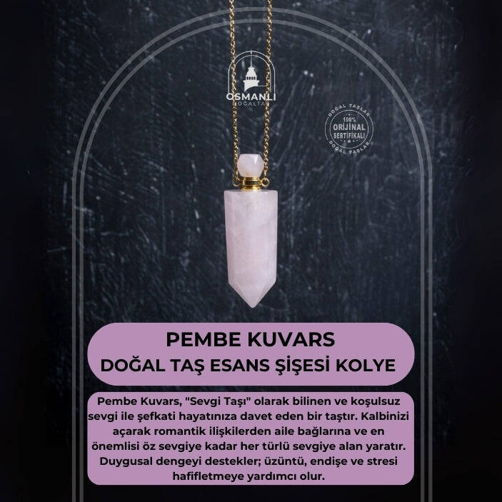 Sertifikalı Pembe Kuvars Doğal Taş Esans Şişesi Kolye - 2