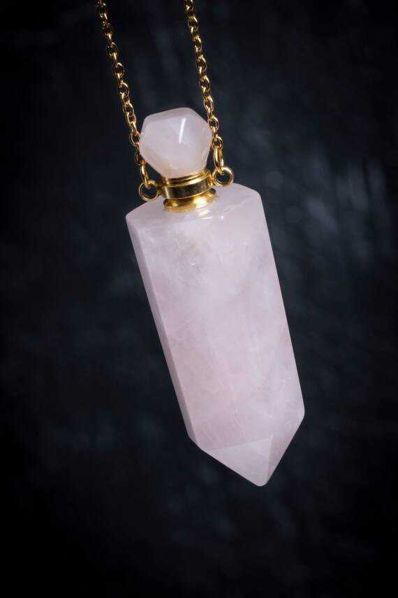 Sertifikalı Pembe Kuvars Doğal Taş Esans Şişesi Kolye - 3