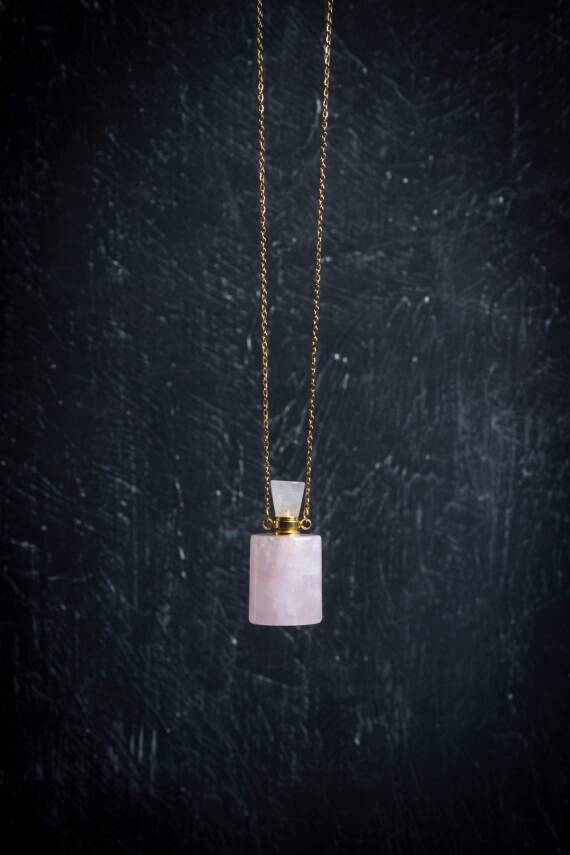 Sertifikalı Pembe Kuvars Doğal Taş Esans Şişesi Kolye - 1