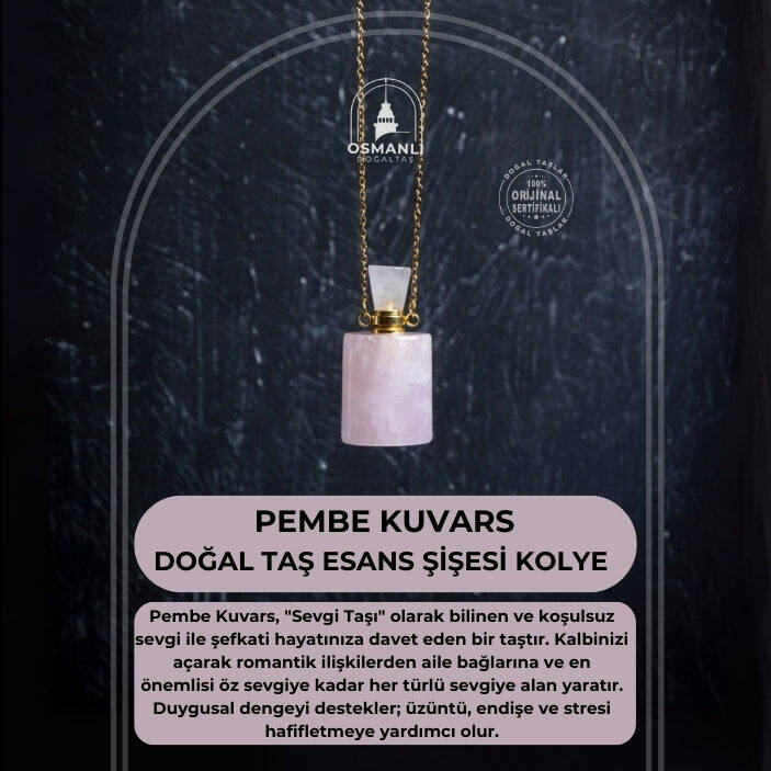 Sertifikalı Pembe Kuvars Doğal Taş Esans Şişesi Kolye - 2