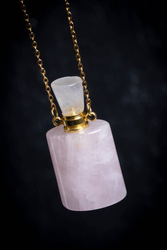 Sertifikalı Pembe Kuvars Doğal Taş Esans Şişesi Kolye - 3