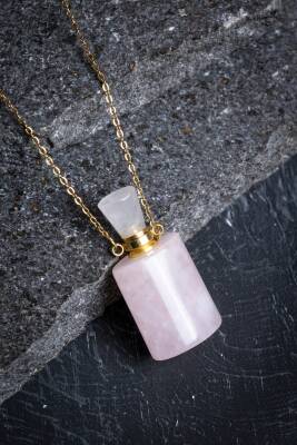 Sertifikalı Pembe Kuvars Doğal Taş Esans Şişesi Kolye - 4