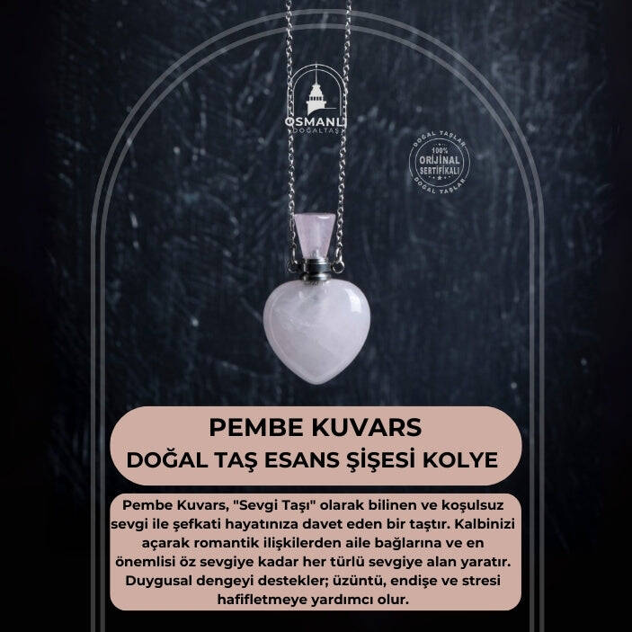 Sertifikalı Pembe Kuvars Doğal Taş Esans Şişesi Kolye - 2