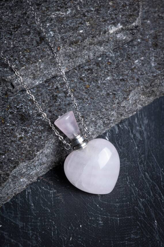 Sertifikalı Pembe Kuvars Doğal Taş Esans Şişesi Kolye - 4