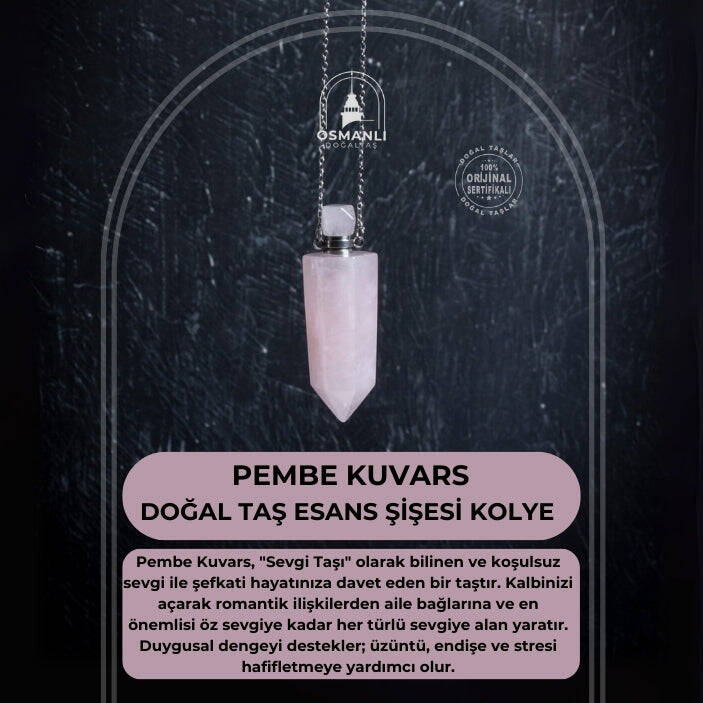 Sertifikalı Pembe Kuvars Doğal Taş Esans Şişesi Kolye - 2
