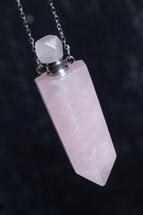 Sertifikalı Pembe Kuvars Doğal Taş Esans Şişesi Kolye - 3