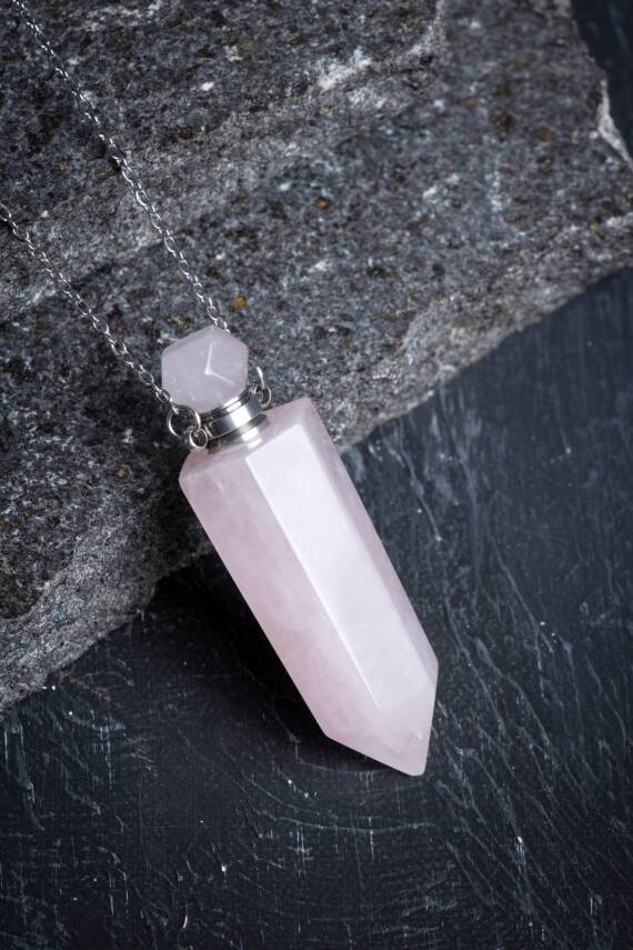 Sertifikalı Pembe Kuvars Doğal Taş Esans Şişesi Kolye - 4