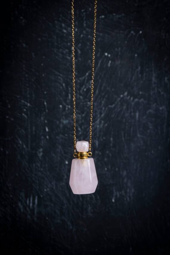 Sertifikalı Pembe Kuvars Doğal Taş Esans Şişesi Kolye - 1