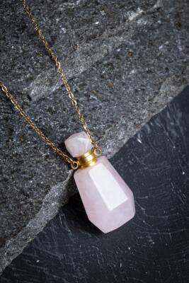 Sertifikalı Pembe Kuvars Doğal Taş Esans Şişesi Kolye - 4