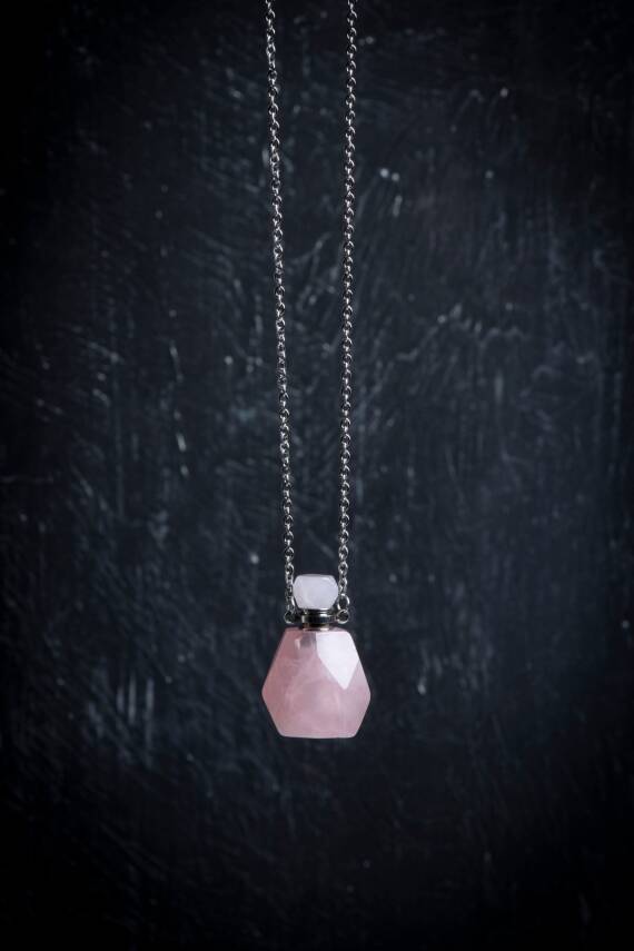 Sertifikalı Pembe Kuvars Doğal Taş Esans Şişesi Kolye - 1