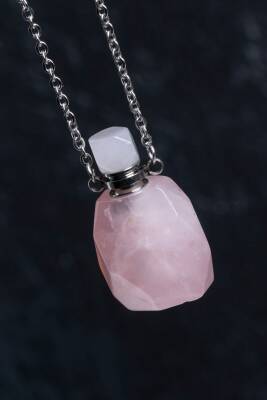 Sertifikalı Pembe Kuvars Doğal Taş Esans Şişesi Kolye - 3