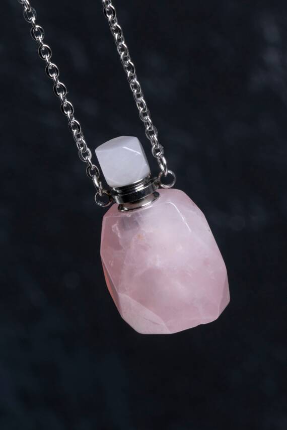 Sertifikalı Pembe Kuvars Doğal Taş Esans Şişesi Kolye - 3