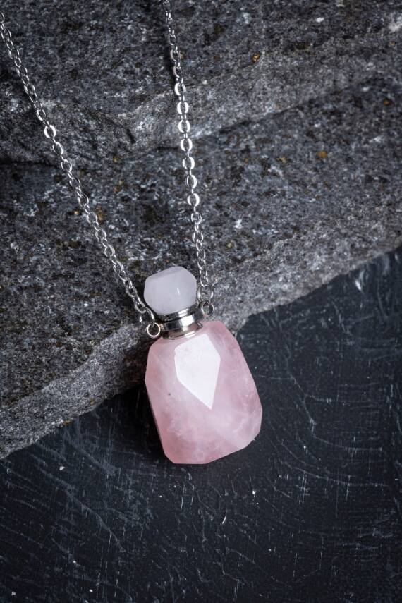 Sertifikalı Pembe Kuvars Doğal Taş Esans Şişesi Kolye - 4