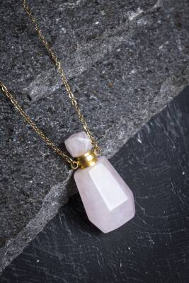 Sertifikalı Pembe Kuvars Doğal Taş Esans Şişesi Kolye - Osmanlı Doğal Taş