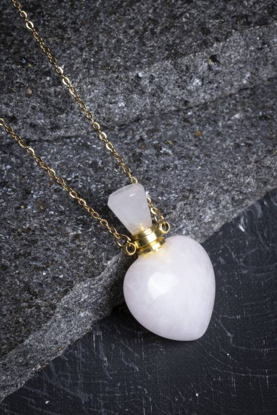 Sertifikalı Pembe Kuvars Doğal Taş Esans Şişesi Kolye - 1