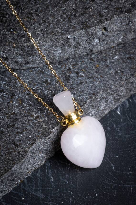 Sertifikalı Pembe Kuvars Doğal Taş Esans Şişesi Kolye - 4