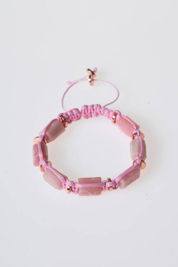 Sertifikalı Pembe Kuvars, Hematit Doğal Taş Makrome Bileklik - 1