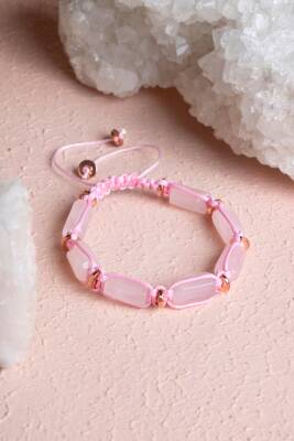 Sertifikalı Pembe Kuvars, Hematit Doğal Taş Makrome Bileklik - 2